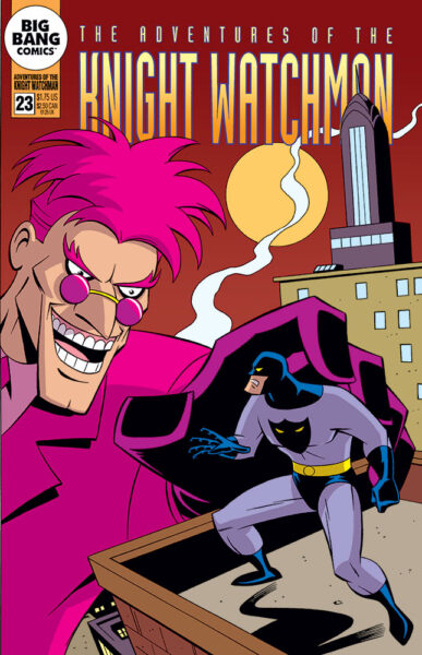 Fake comic cover for Adventures of the Knight Watchman #23, with Big Bang Comics' the Knight Watchman and Pink Flamingo facing off.